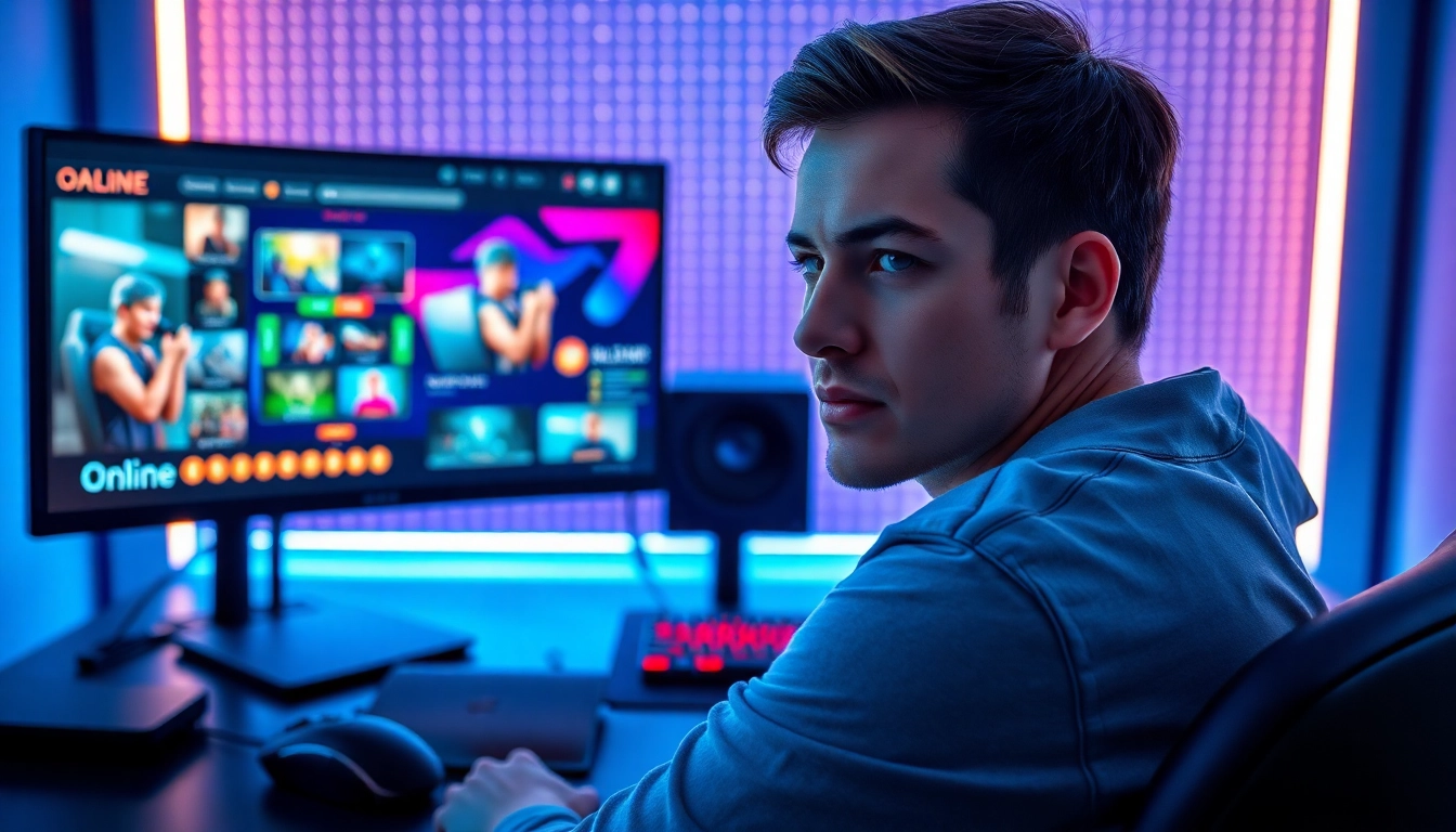 Menikmati pengalaman game online dengan gamer yang fokus di depan layar penuh warna.