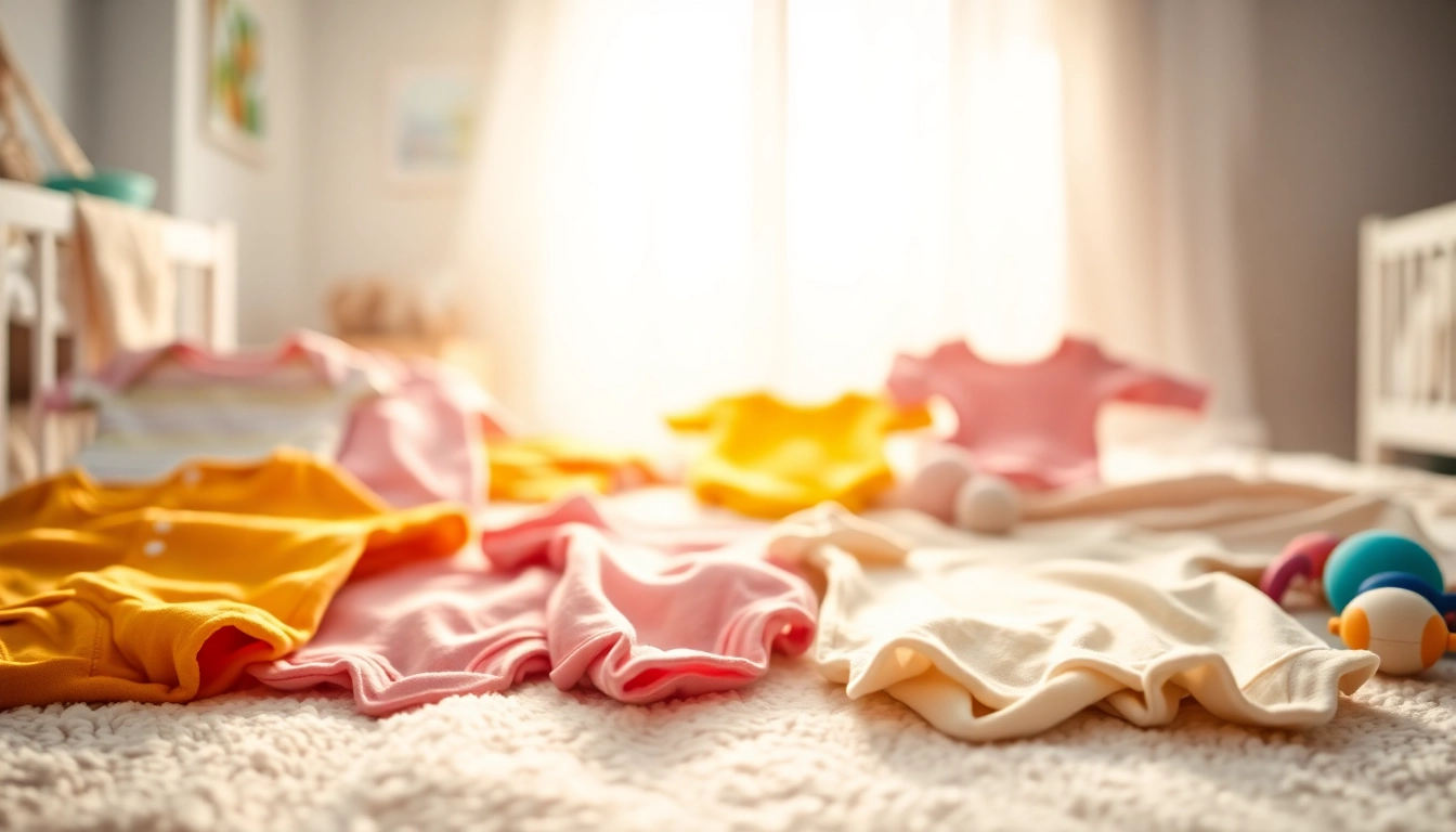 Showcase of colorful baby onesie designs arranged aesthetically on a soft blanket.