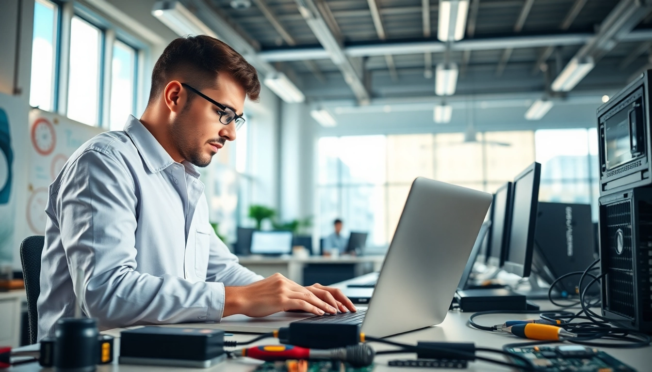 Technician providing expert computer help in a bright office with tools and equipment.