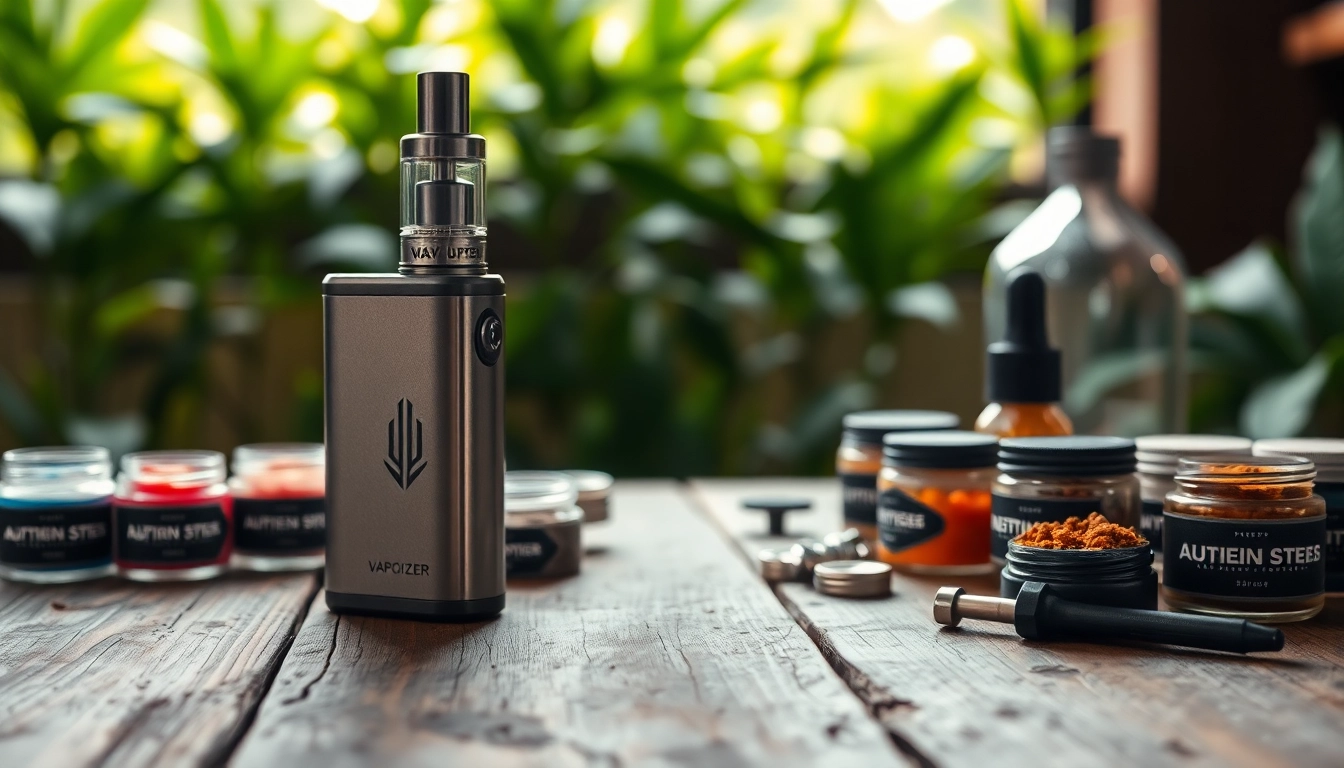 Showcasing a sleek wax vaporizer among colorful concentrate jars, promoting stylish vaping experiences.