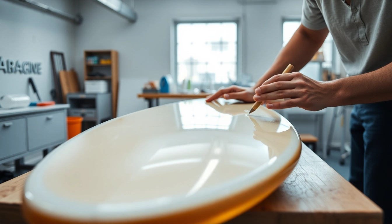 Applying laminating resin on fiberglass in a professional workspace.