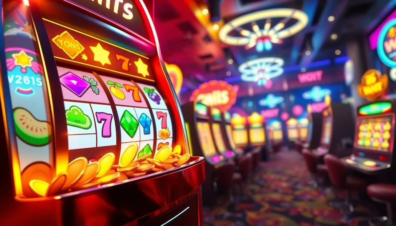 Jelajahi game slot yang menarik dengan simbol berwarna-warni dan koin berhamburan.