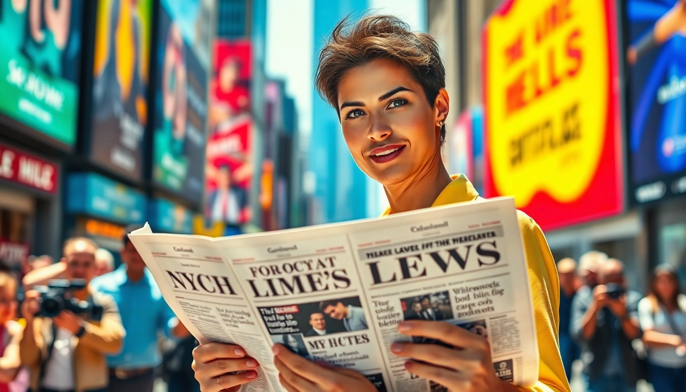 Celebrity newspaper in a lively urban setting, showcasing a famous figure and excitement around them.