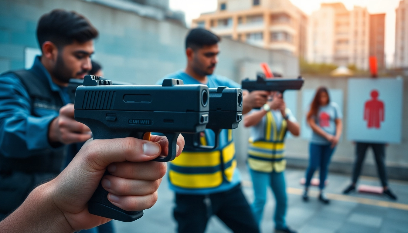 Demonstrating tasers during a self-defense training session with urban background.