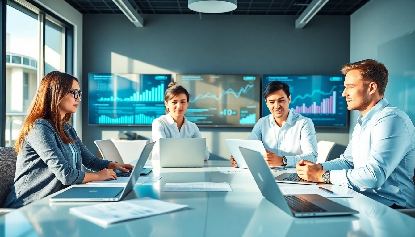 Team discussing competitive intelligence strategies in a bright office setting.