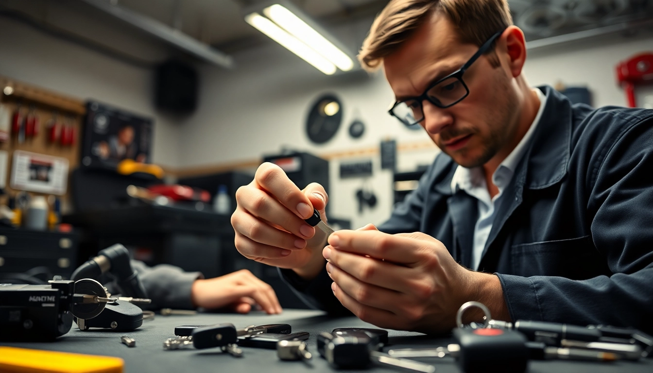 Resolve Lost Car Keys issue with professional locksmith crafting a new key in a modern garage.