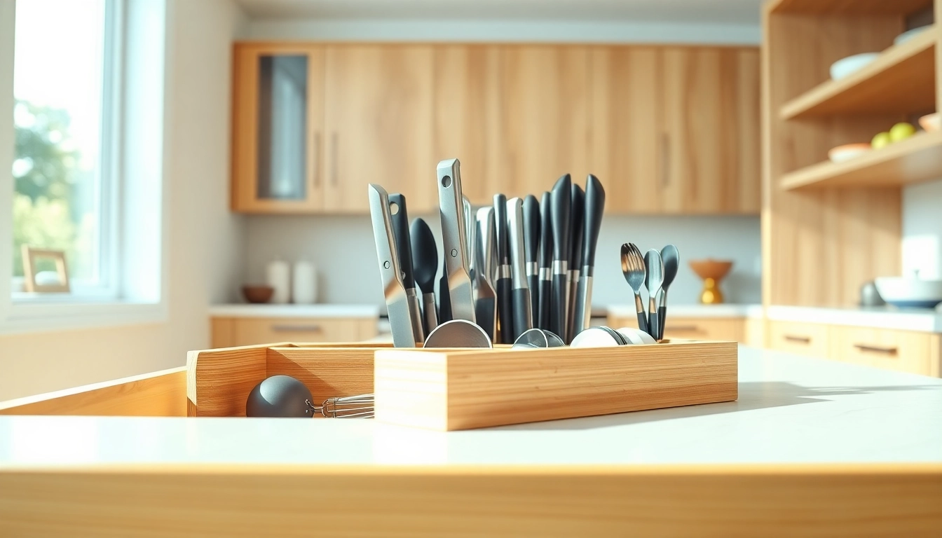 Efficiently arranged Bamboo Kitchen Drawer Organizer in a bright, modern kitchen setting.
