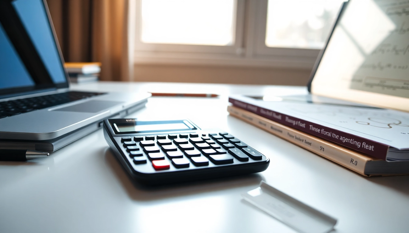 Utilize a Scientific Calculator on a desk with textbooks and a laptop for efficient math solutions.