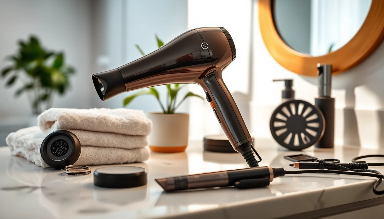 Stylish hair dryer placed elegantly on a bathroom counter with soft lighting.