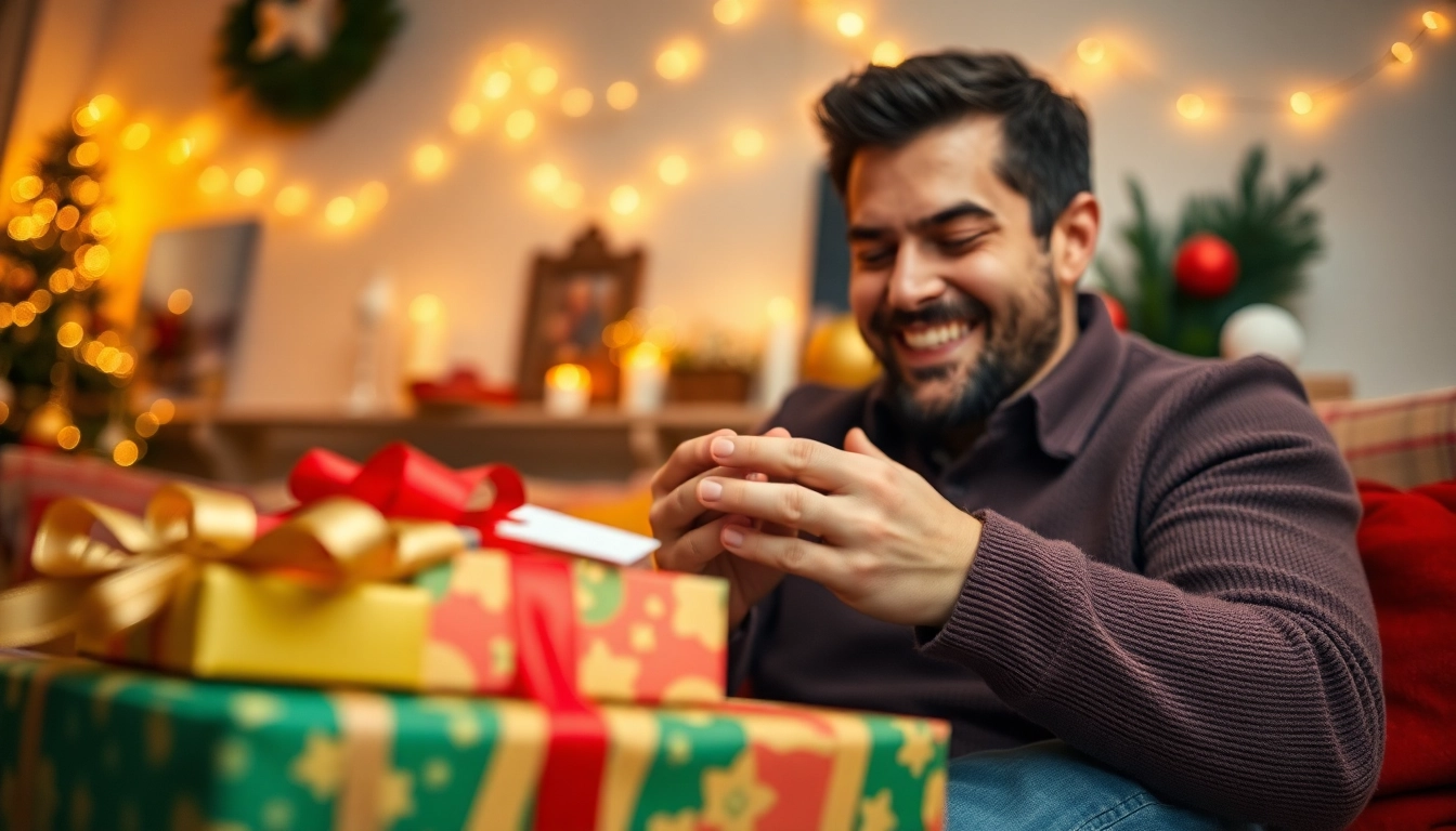 Husband joyfully opening gifts for husband with colorful wrapping in a warm, inviting living room.