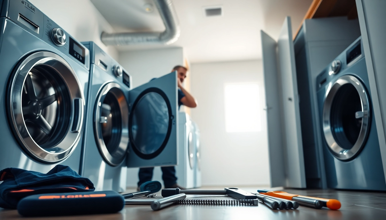 Technician performing services for dryer vent franchises near me in a modern laundry room.