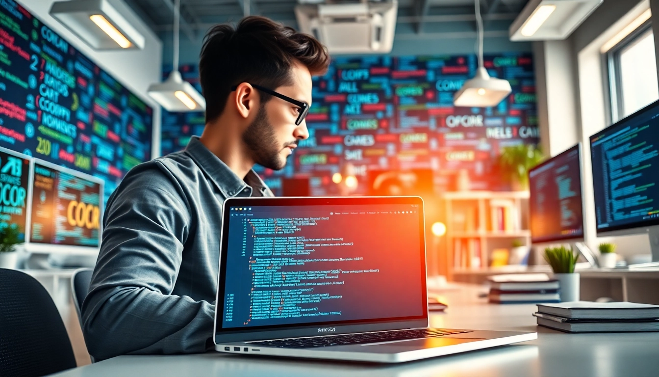 Showcasing the Best AI coding assistant on a modern workspace laptop with vibrant coding elements.