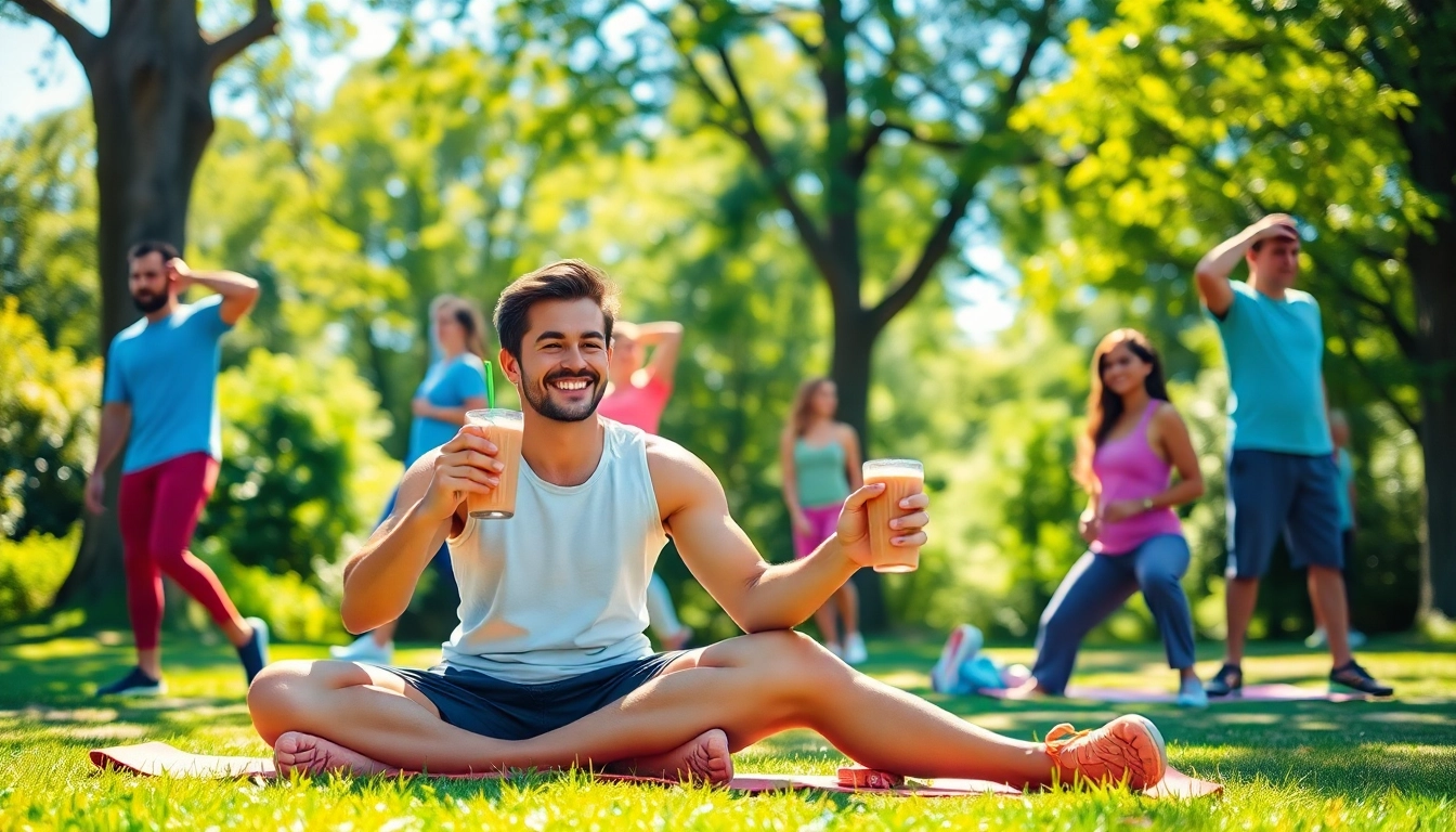 Engaging post-workout scene showcasing recovery activities like stretching and hydration.