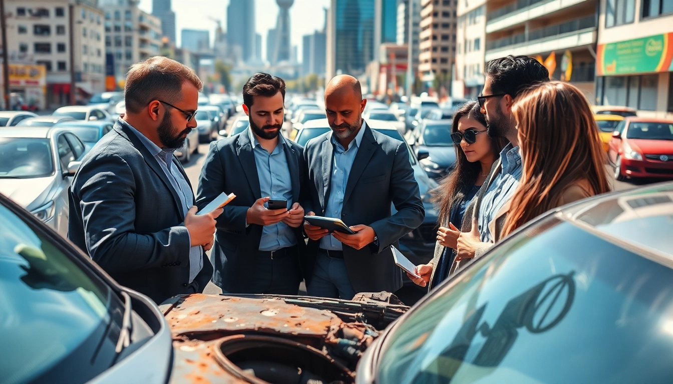 Junk car buyers evaluating a rusted vehicle in an urban setting, showcasing professional interactions.