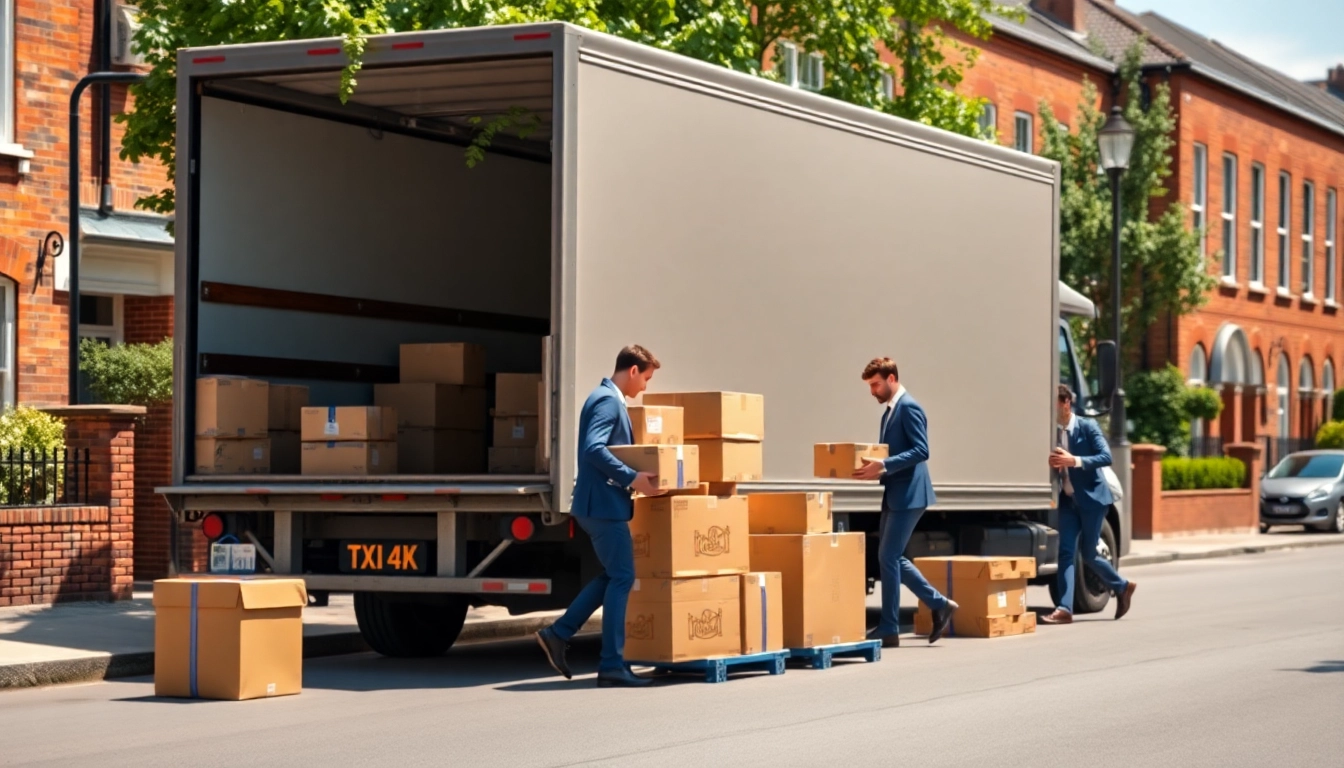 Unloading boxes during East London Removals and Storage services in a sunny urban setting.