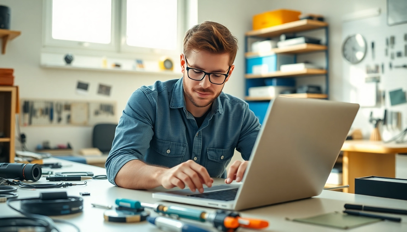 Skilled technician performing computer repair on a laptop in a bright workshop.