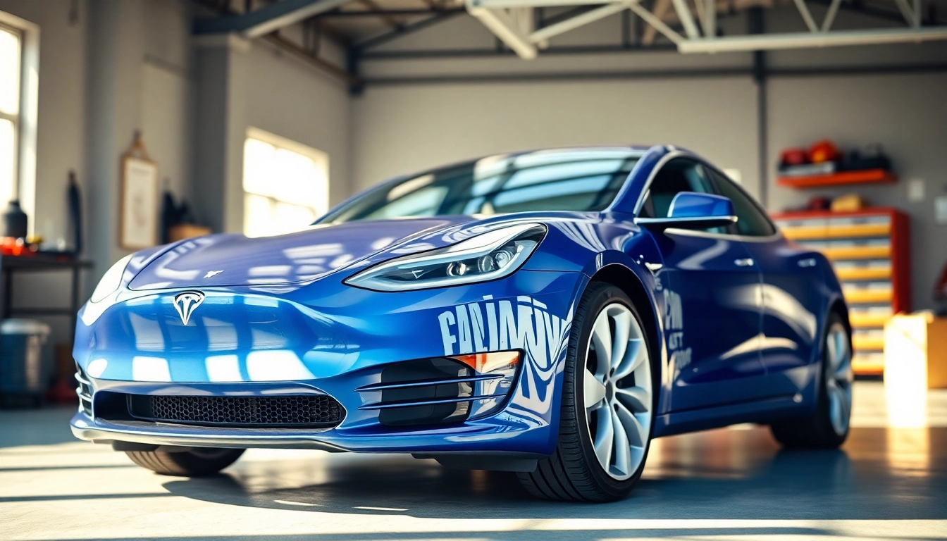 Protecting a Tesla with ppf in a modern garage showcasing a sleek finish.
