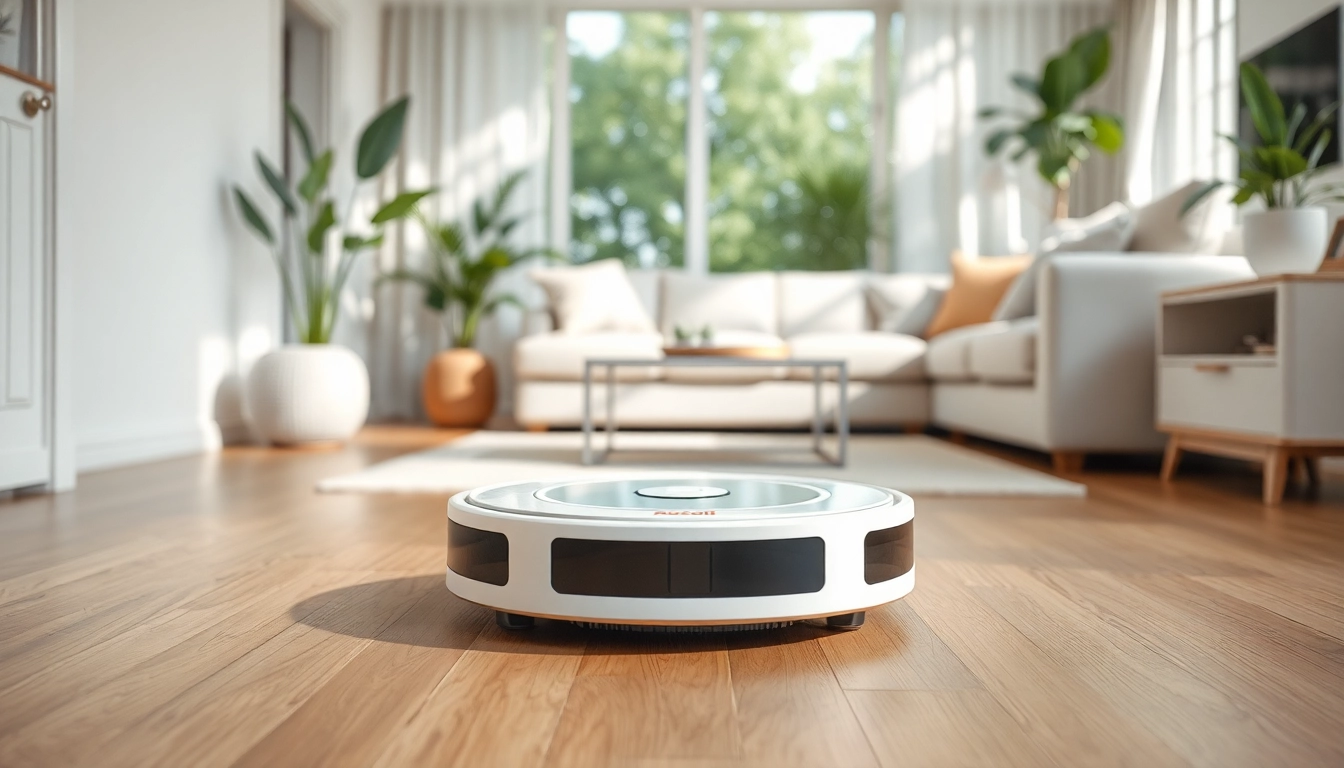Robot vacuum efficiently cleaning a contemporary living room with modern design.