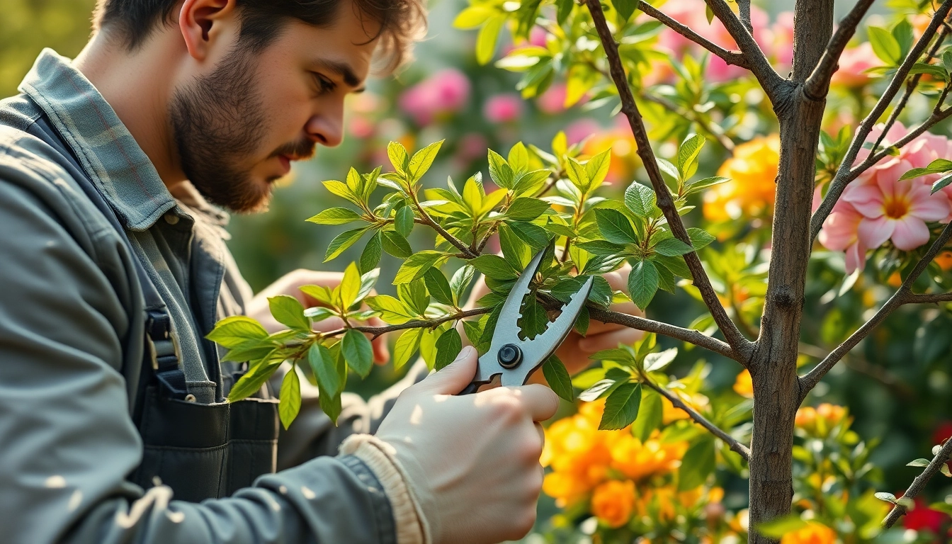 Snoeien van een boom door een tuinier met scherpe snoeischaar in een groene tuin.