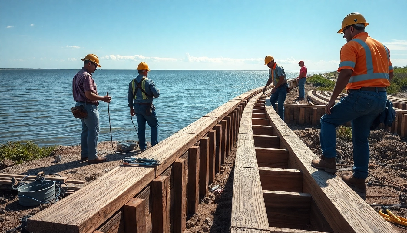 Engaging bulkhead installation galveston with construction crew at a scenic water's edge.