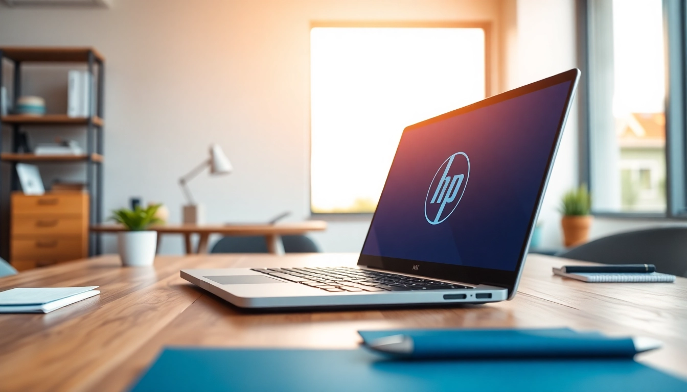 Showcasing an HP Laptop in a modern workspace, emphasizing design and functionality.