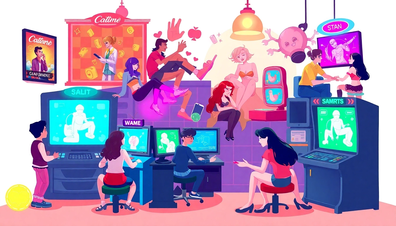 Explore game sex options with engaging characters and colorful graphics in this dynamic digital illustration.