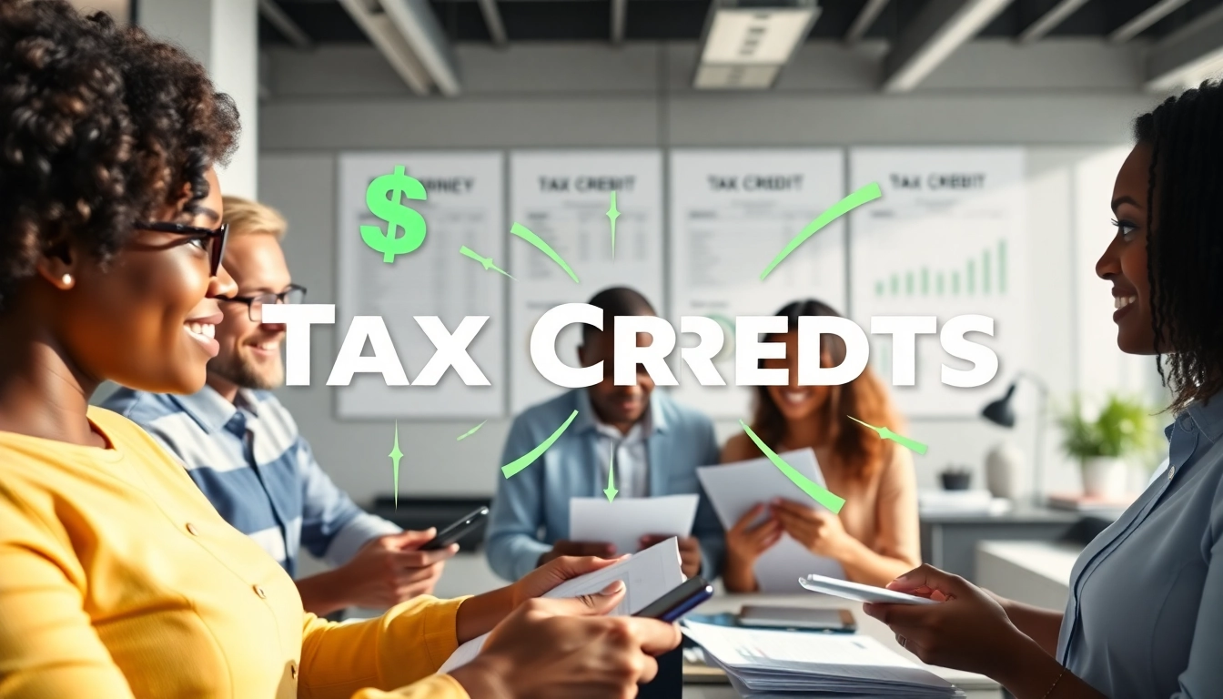 Visual representation of Tax Credits benefits for taxpayers, featuring a diverse group analyzing tax documents.