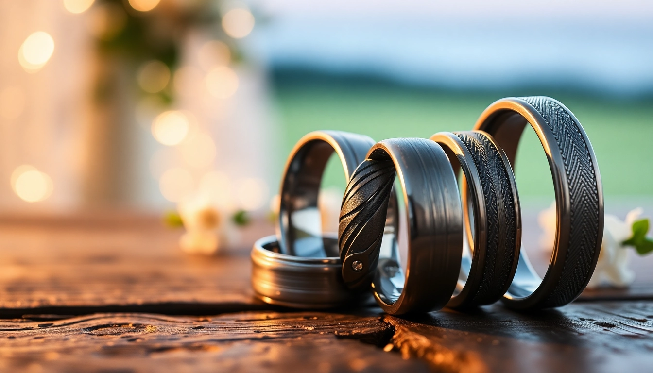 Tungsten wedding bands showcasing unique designs of polished and textured finishes.