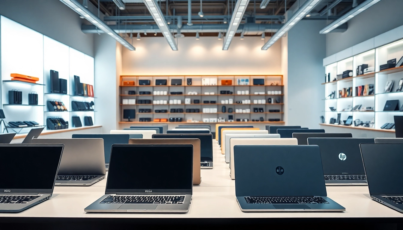 Laptops for sale Kenya are beautifully displayed in a modern tech store showcasing various designs.