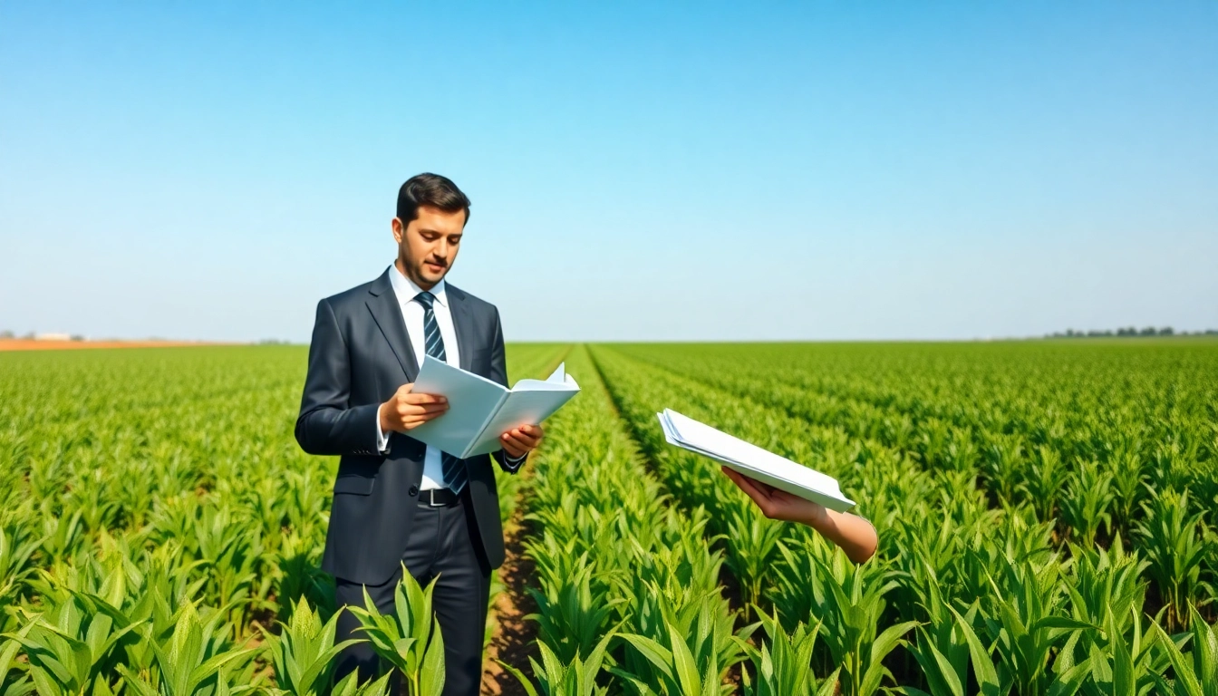 Engaged attorney in agricultural law reviewing documents in a fertile field.