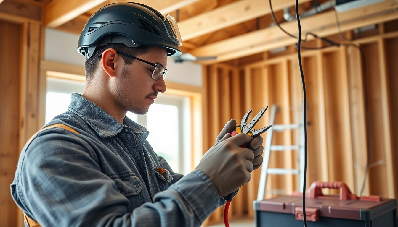 Electrician performing electrical work in a residential setting, showcasing expertise and tools.