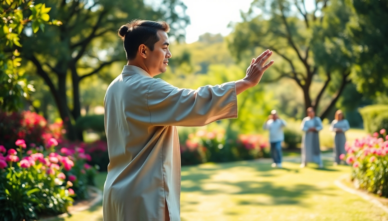 Practicing Tai Chi Los Angeles in a serene park setting with an instructor leading the flow.