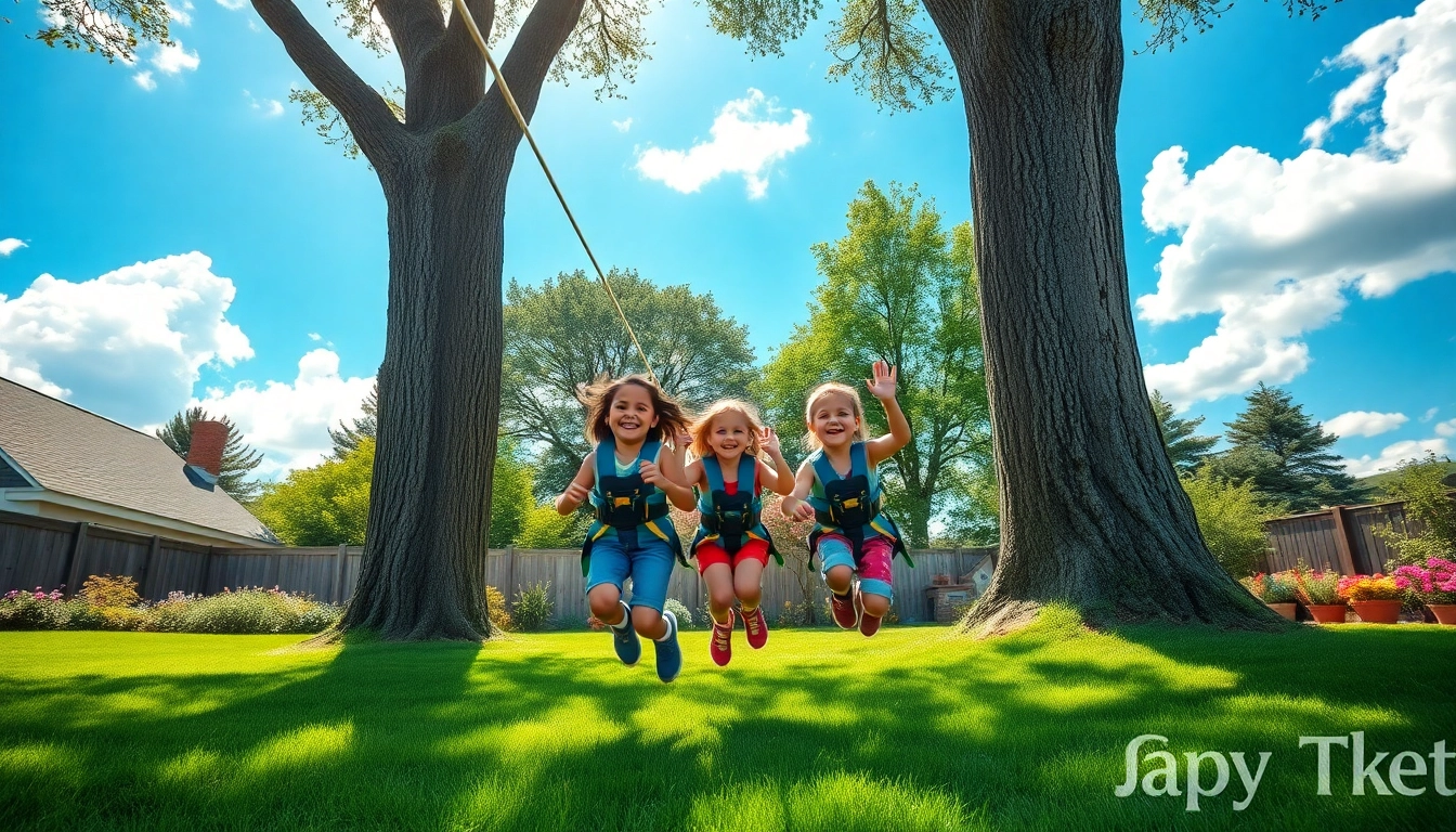 Children enjoying the thrill of a ZIP WIRE KIT in a sunny backyard setting.