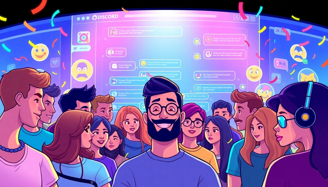 Engage in vibrant chats within an 18+ discord community, featuring lively avatars and digital interaction.