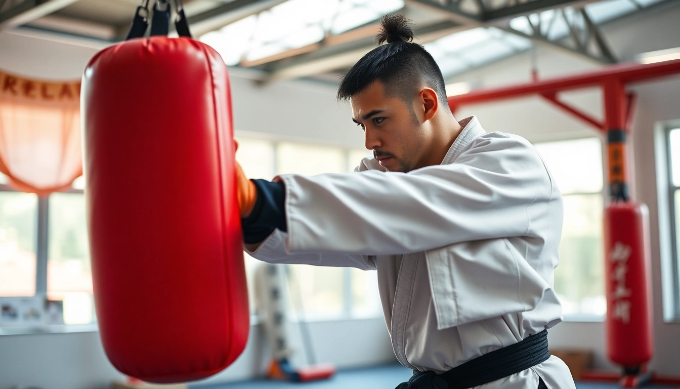 Pratzen-Training für Kampfsportler mit einem professionellen Kämpfer in einem modernen Dojo.
