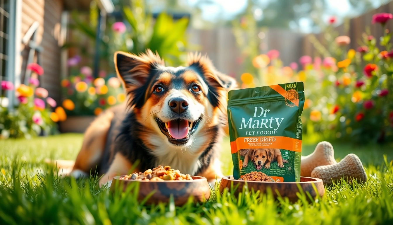 Dog eagerly enjoying dr marty pet food canada in a sunny garden setting, highlighting pure joy and health.