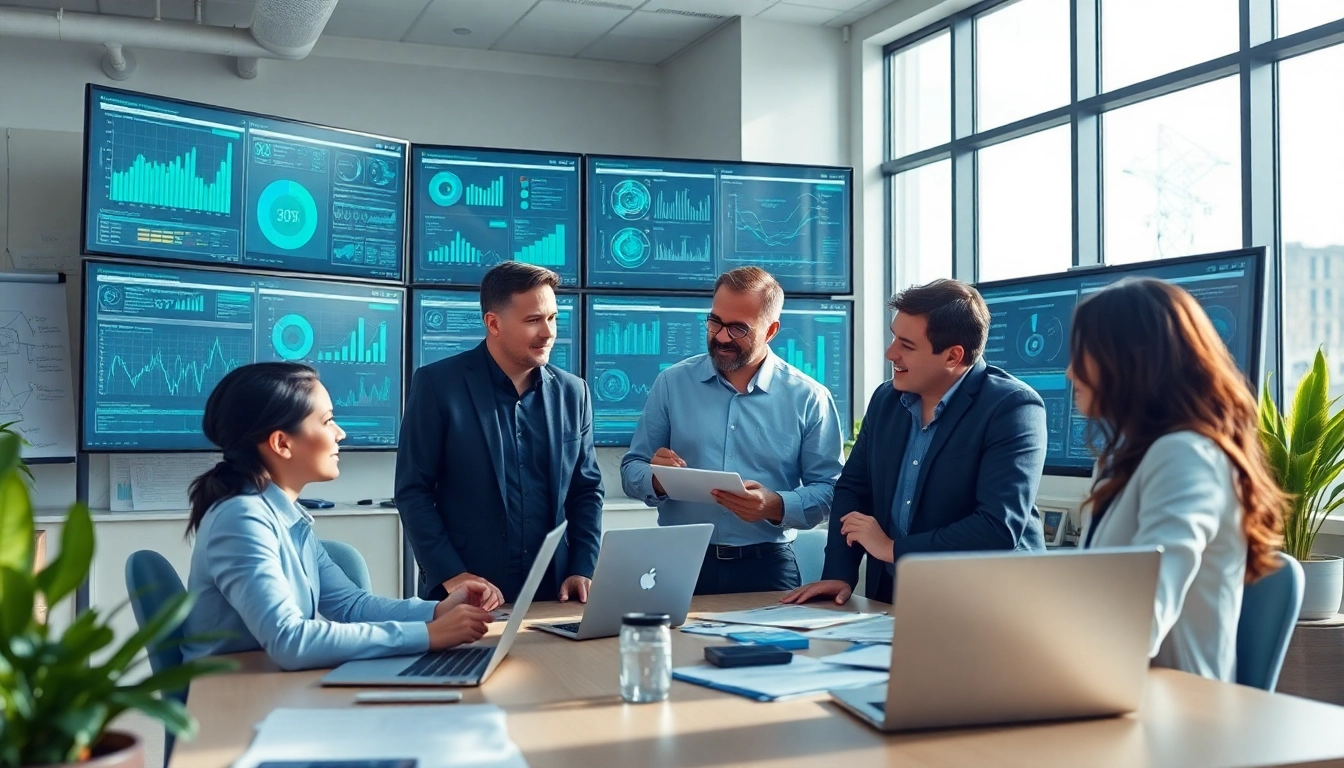 Site reliability engineering experts collaborating in a modern office environment filled with technology and data analytics.