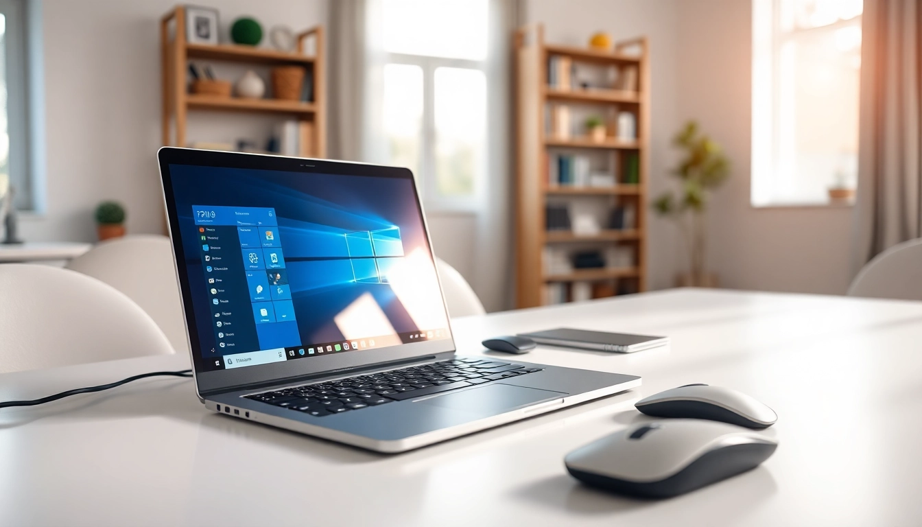 Windows 11 Pro auf einem modernen Laptop in einem professionellen Büro mit natürlichem Licht.