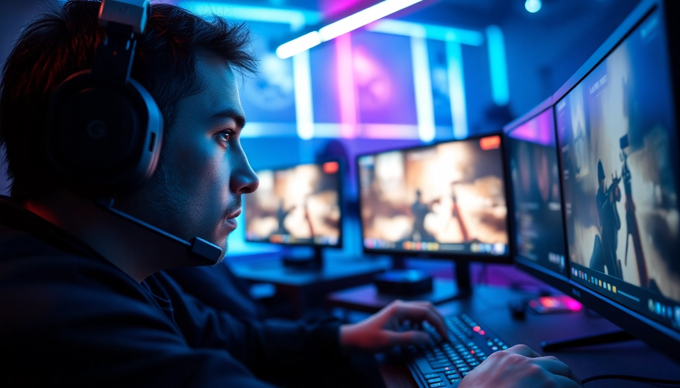 Gamer showcasing skills using undetected CS2 cheats in a competitive setting with high-tech equipment.