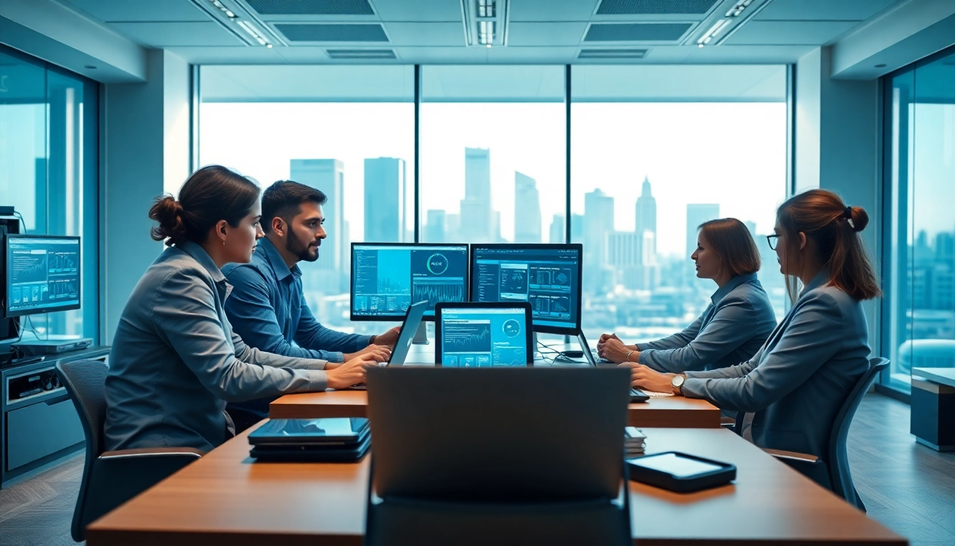 Delivering Managed Services in a high-tech collaborative office with IT experts engaged in teamwork.