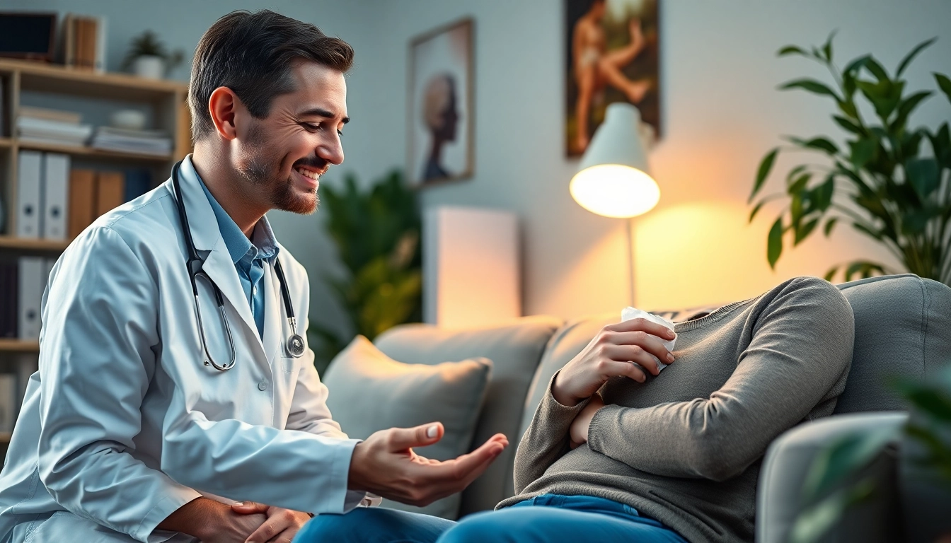 Supportive therapist helping someone dealing with depression in a calming environment.