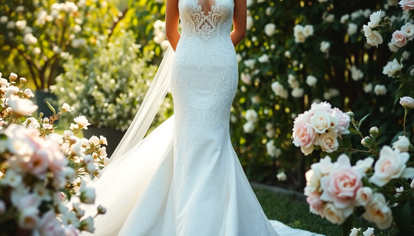 Model showcasing a stunning mermaid wedding dress among blooming flowers in a garden setting.