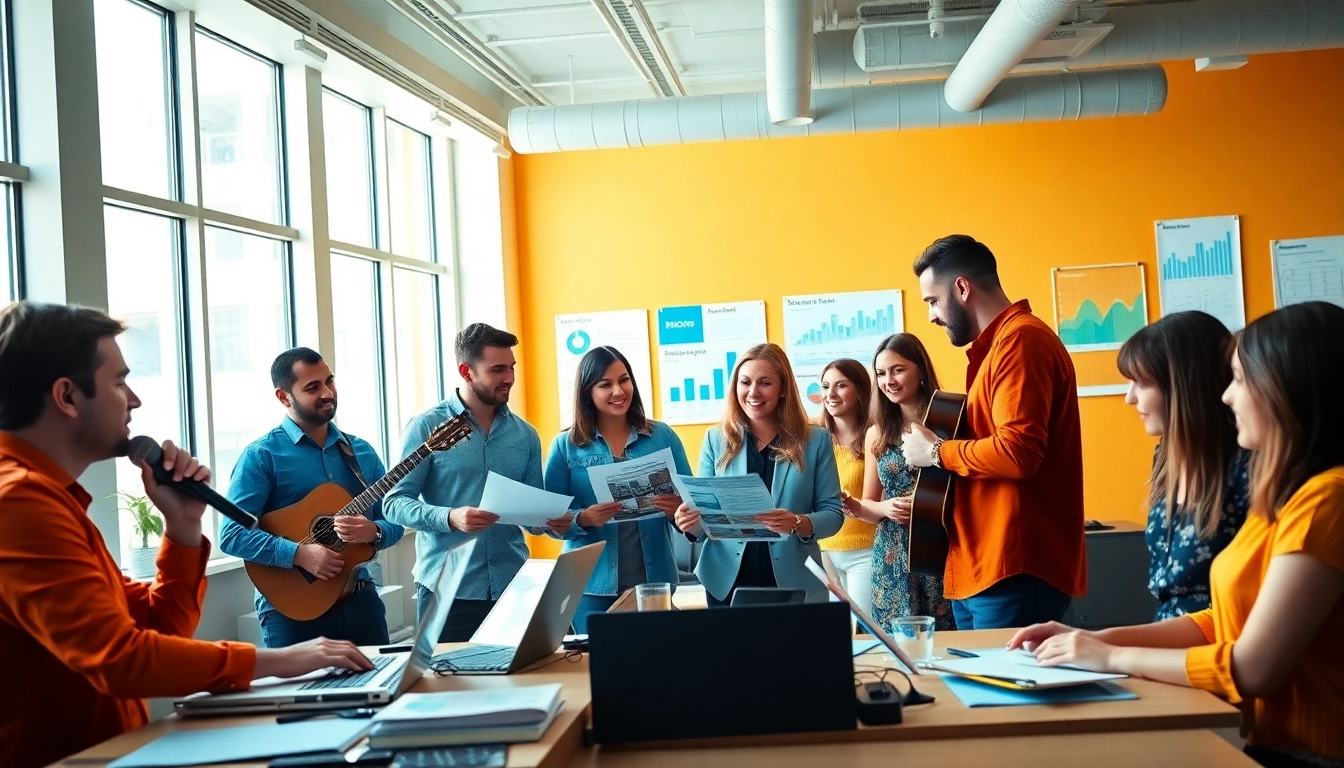 Engaging scene of Music PR Firms team collaborating with musicians in a bright office.