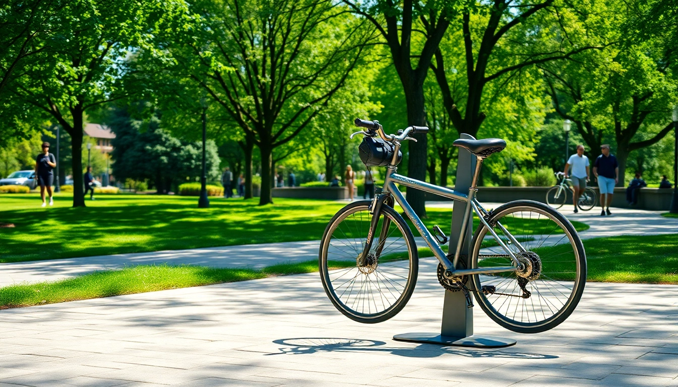Showcase a designer bike rack with modern aesthetics and artistic integration in a park setting.