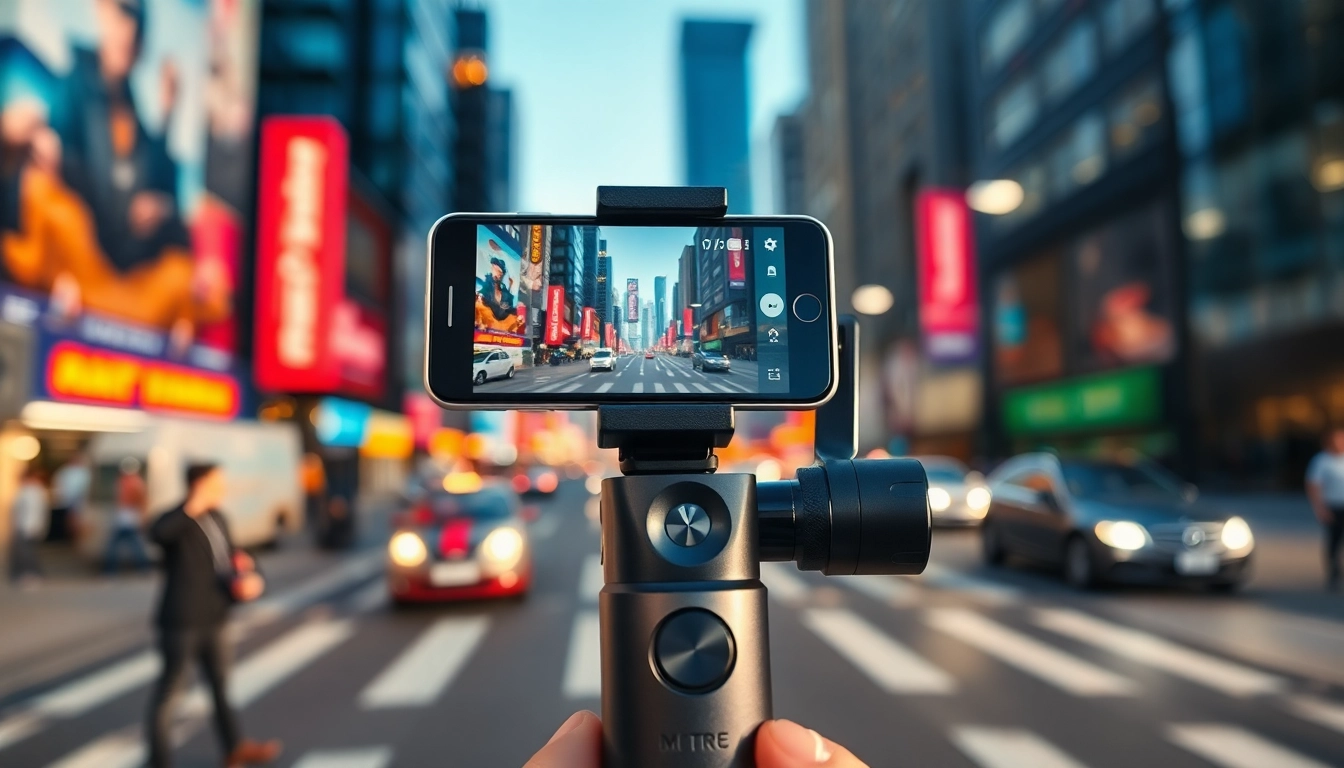 Capture smooth shots with a handheld gimbal poised against a vibrant urban backdrop.