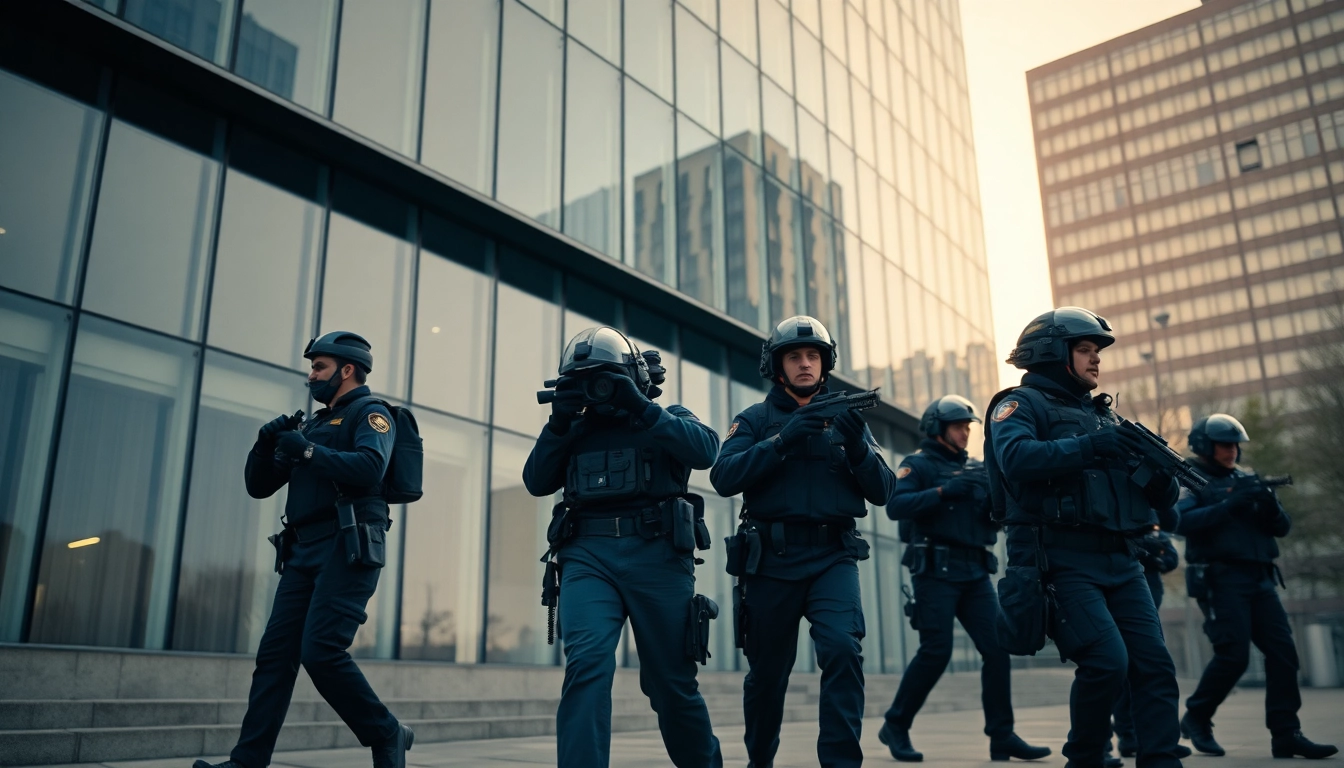 Responding professionals coordinating a security response in a corporate environment.