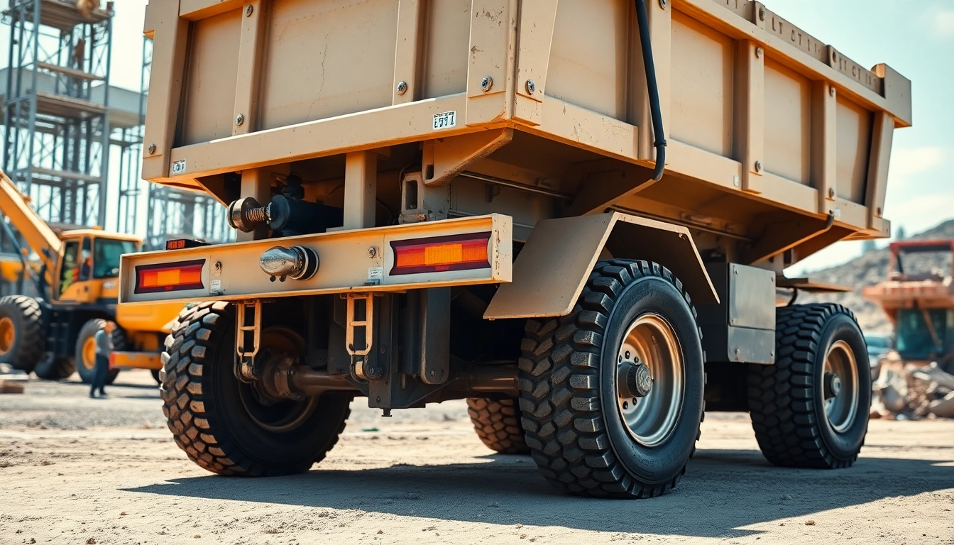 Showcase of hydraulic dump trailers for sale in a construction site highlighting features and durability.