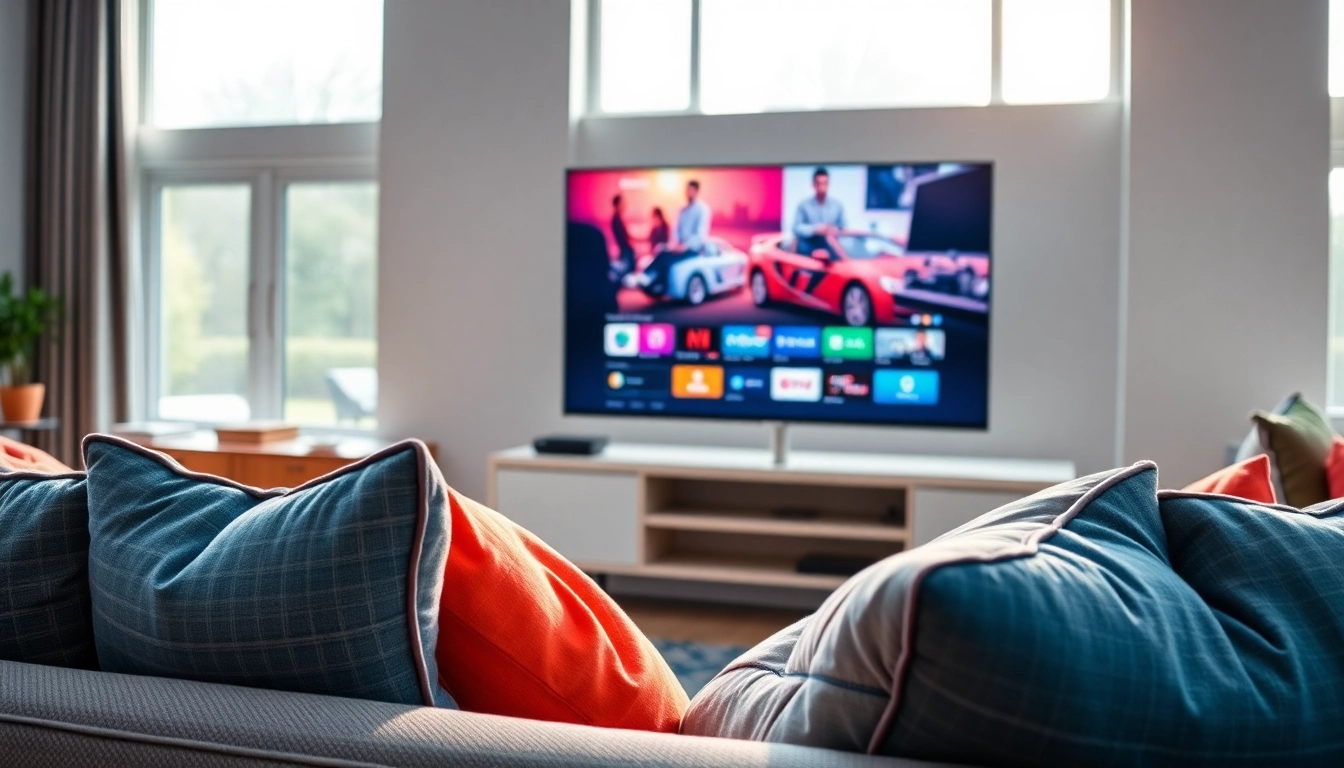 Comprar IPTV en una sala moderna con un televisor elegante mostrando contenido vibrante.
