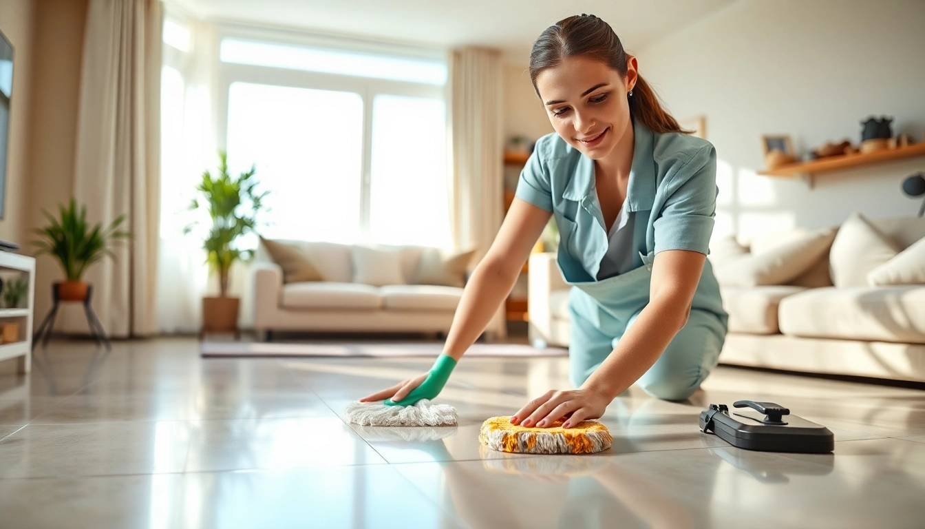 Bond cleaning Logan showcases a cleaner diligently scrubbing surfaces in a bright living room.