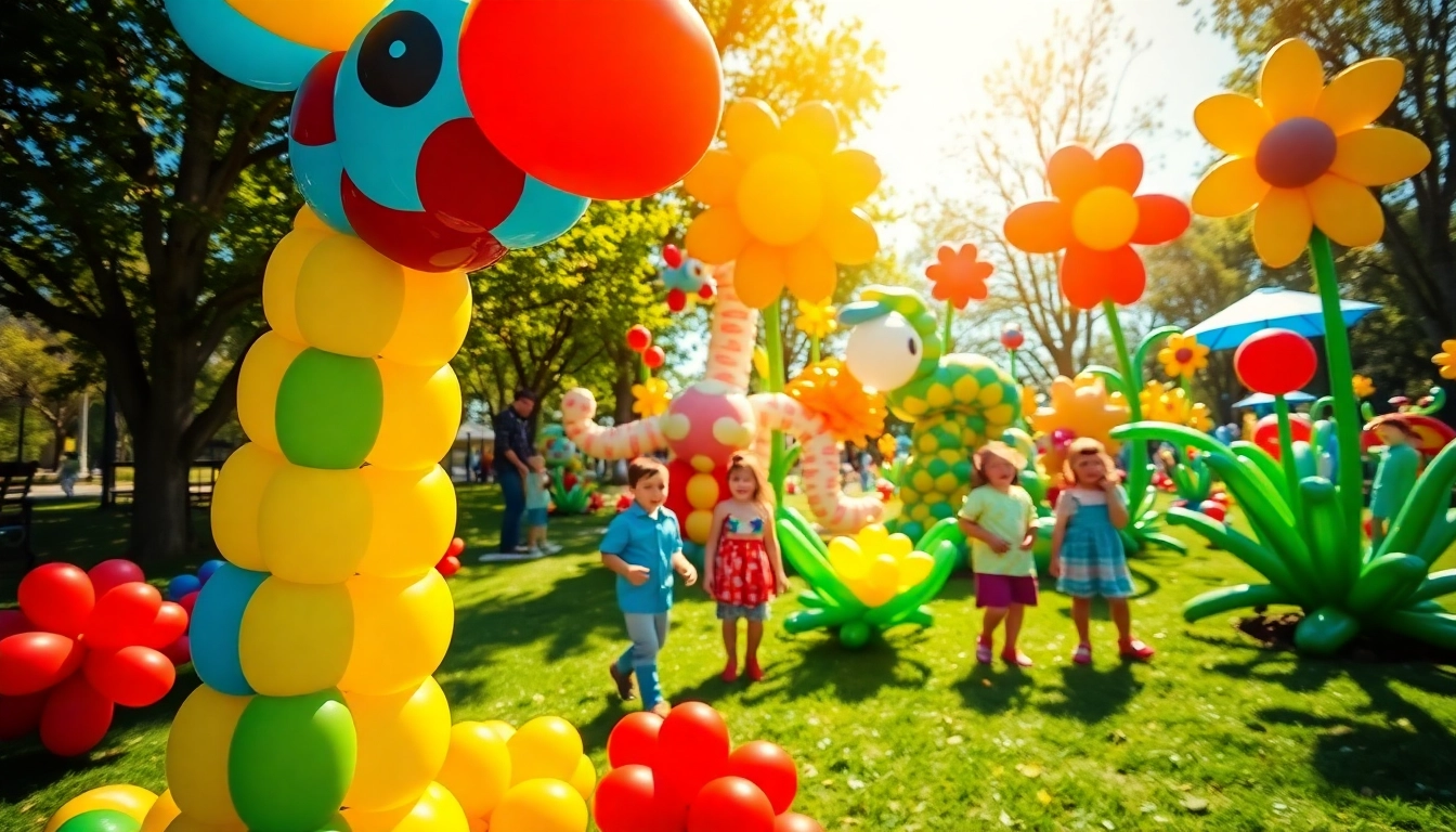 Children enjoying dynamic balloon art sculptures in a festive park setting.